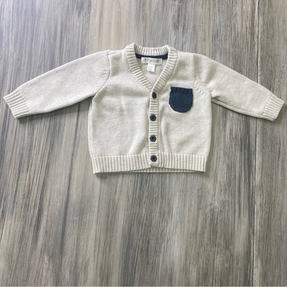 Cherokee Sweater Button Up Cardigan in Tan color with Navy Blue size 6-9 months - Picture 1 of 8